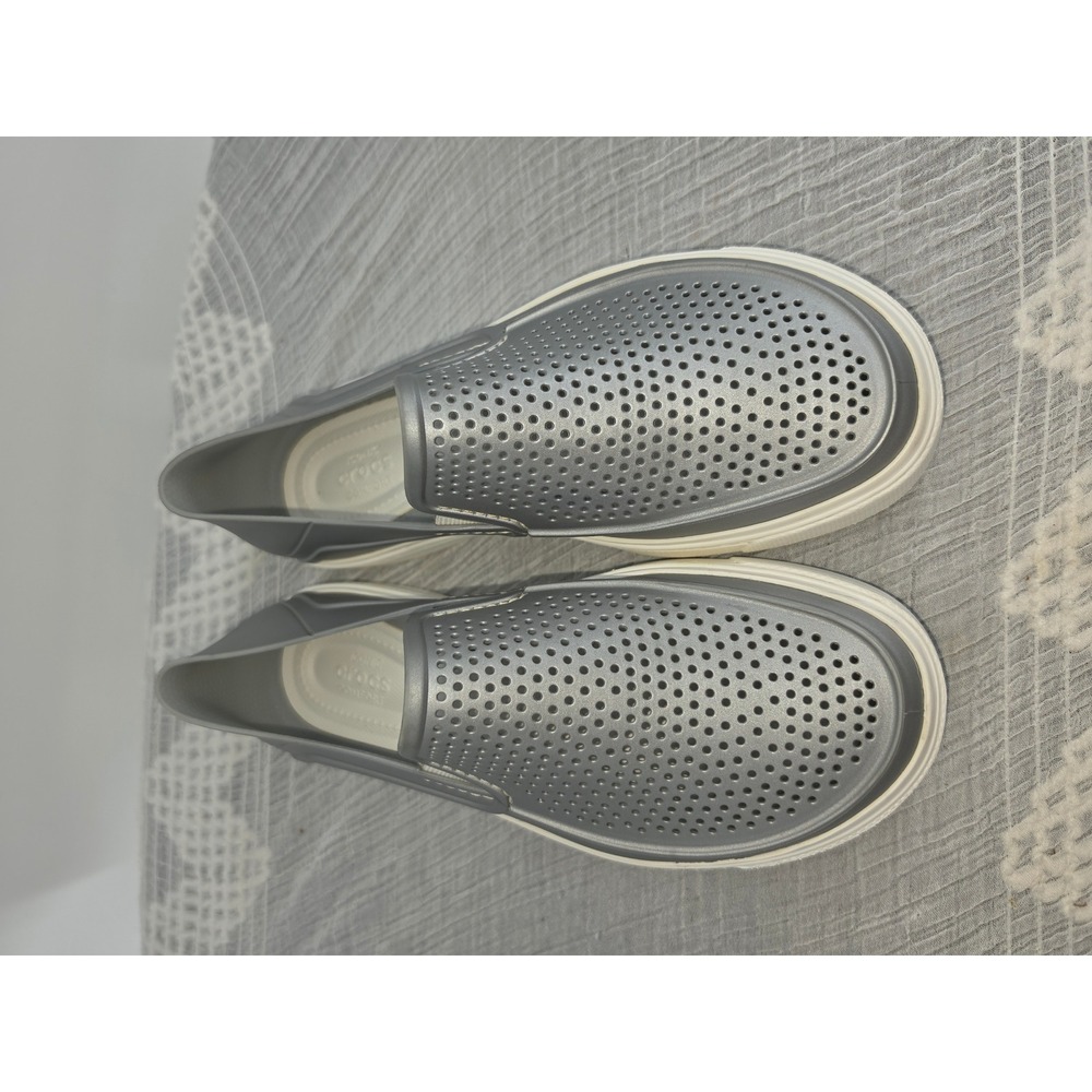 Crocs CitiLane Metallic Silver Slip On Sneakers Perforated Casual Shoes Womens